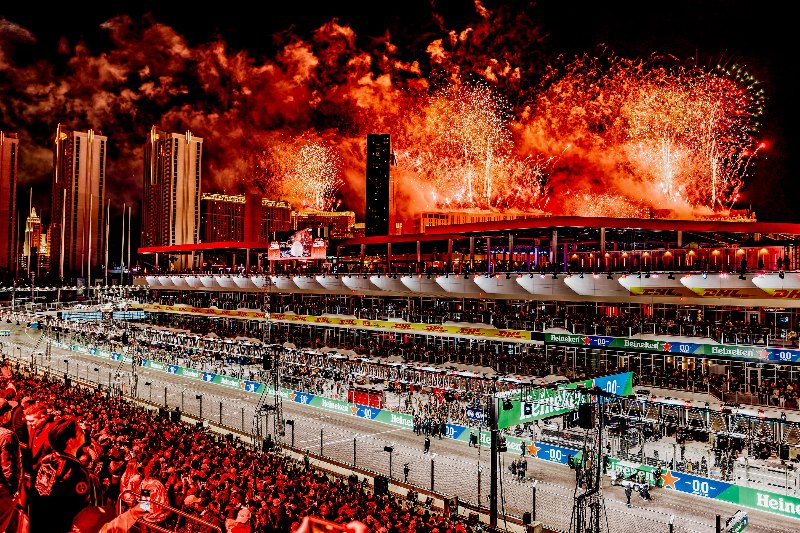 Formula 1 Las Vegas Grand Prix 2025 2025: Fireworks and race winally wide view of Las Vegas at the race