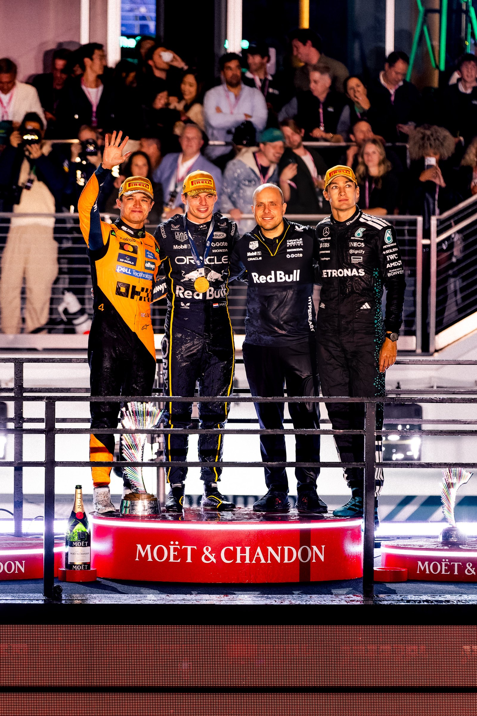Formula 1 Las Vegas Grand Prix 2025 2025: Max Verstappen, Lando Norris, George Russel on the podium.