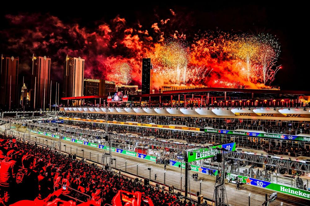 Fireworks above the main straight and grandstands at the Las Vegas Grand Prix