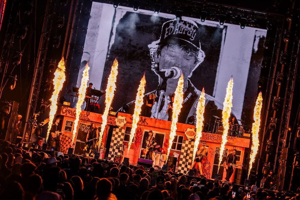 Flame jets in front of a giant video screen during a live show
